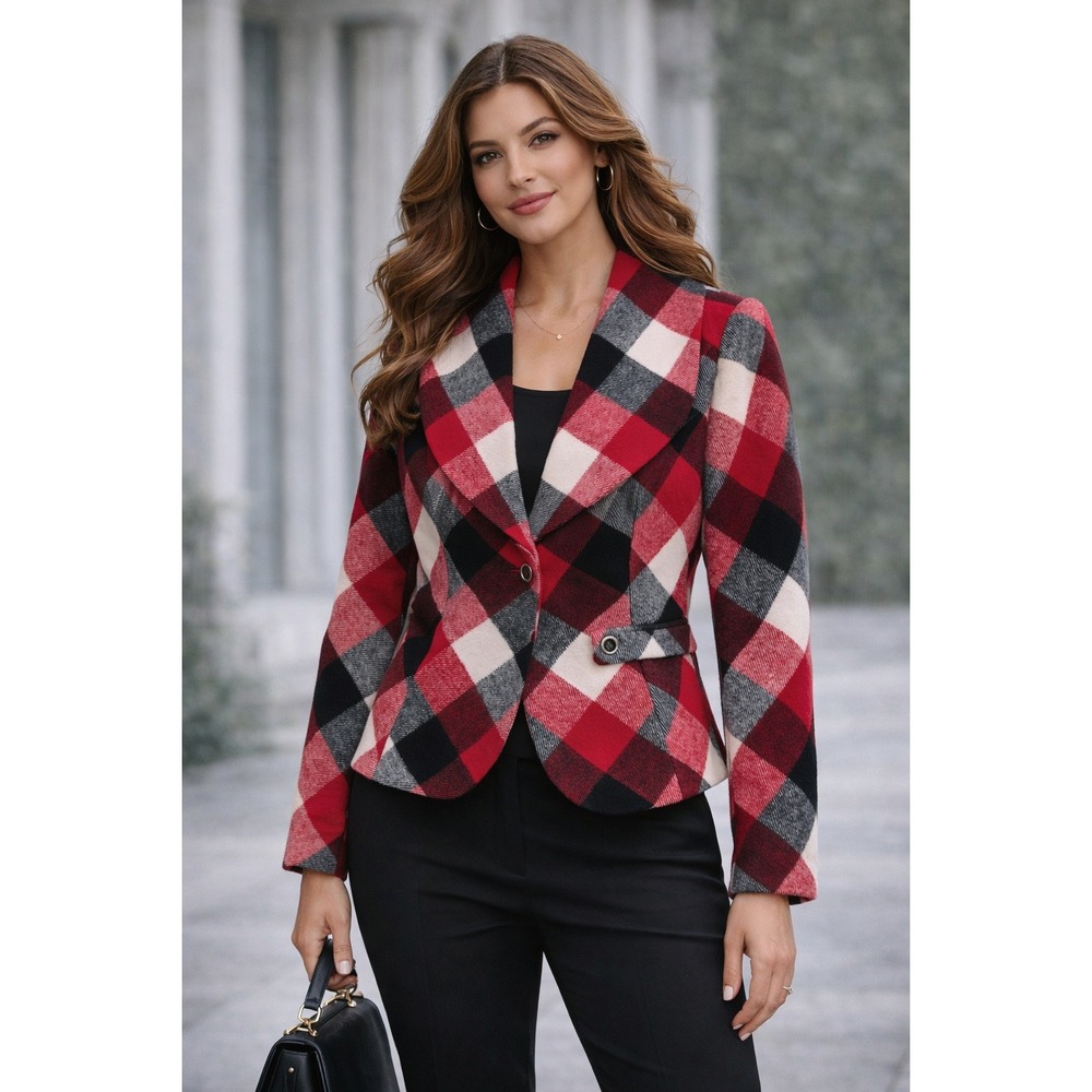 Linea Domani Blazer Womens 4 Red Black Wool Plaid Preppy Academia Statement Coat